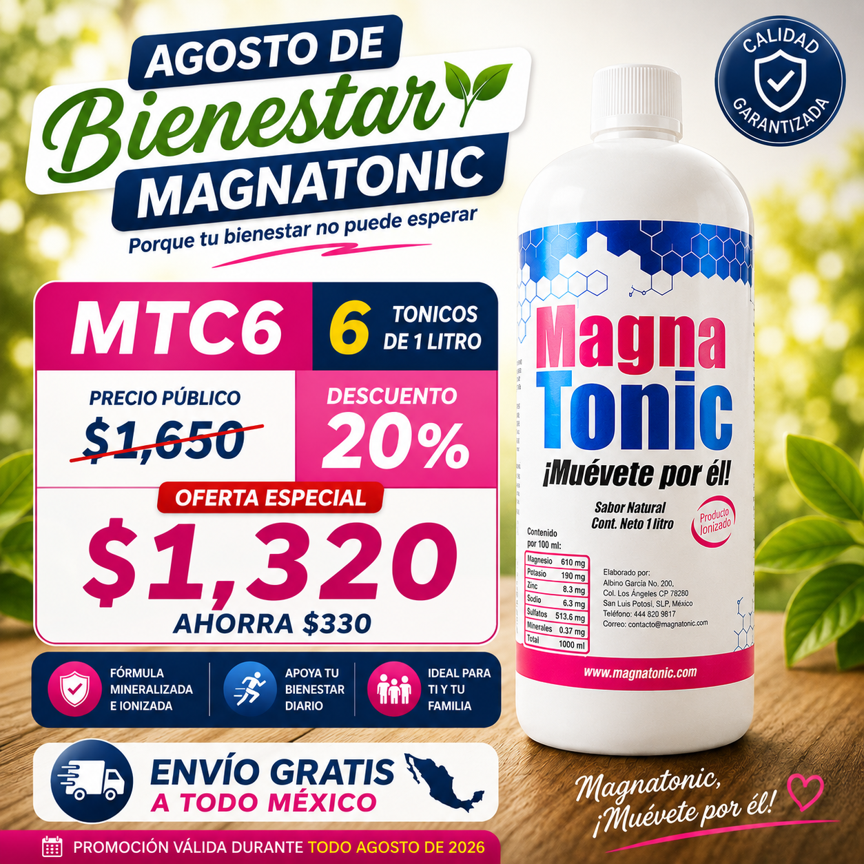 Magnatonic MTC6 caja con 6 botellas de 1 litro en Oferta Especial de Agosto 2026 con envío gratis.