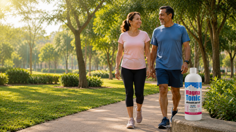 Pareja de adultos caminando en un parque junto a una botella de Magnatonic como parte de un estilo de vida saludable.