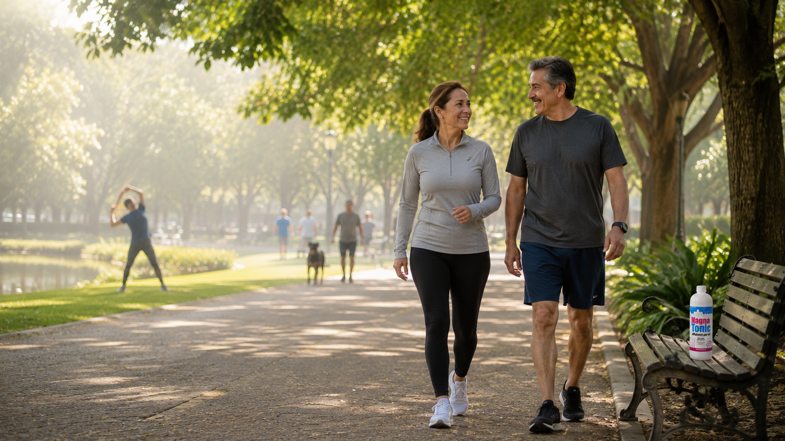 Pareja de adultos caminando en un parque como parte de un estilo de vida activo y saludable.
