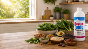 Alimentos naturales ricos en magnesio como espinacas, almendras, semillas de calabaza, avena y aguacate sobre una mesa de cocina.
